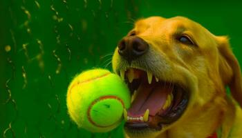 d'oro cane da riporto giocando tennis palla all'aperto, godendo estate divertimento generato di ai foto