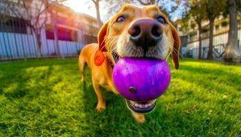 carino cucciolo giocando con palla nel verde erba all'aperto generato di ai foto
