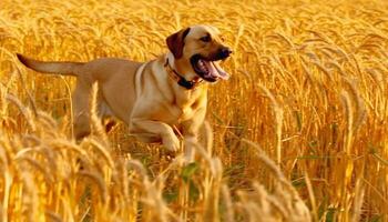 giallo cane da riporto in esecuzione nel Grano campo, lingua fuori, giocoso cucciolo generato di ai foto