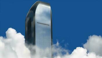 moderno grattacielo riflette blu cielo, un' futuristico aziendale successo storia generato di ai foto