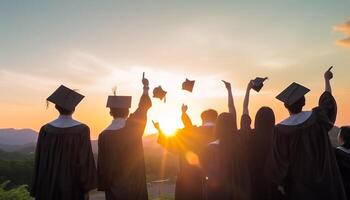 laureati celebrare successo con diploma, abito, e allegro sorrisi all'aperto generato di ai foto