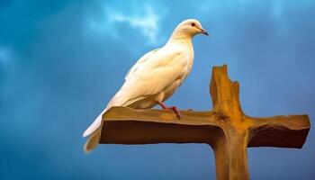 giallo gabbiano perching su ramo, simbolo di pace e la libertà generato di ai foto