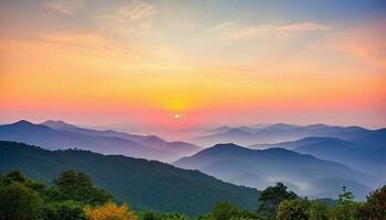 maestoso montagna picco indietro illuminato di arancia tramonto silhouette generato di ai foto