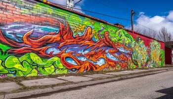 vivace graffiti murale decora sporco città strada con moderno architettura generato di ai foto