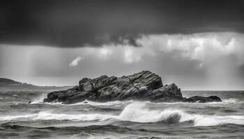 drammatico costa, Crashing onde, ruvido Surf, monocromatico bellezza nel natura generato di ai foto