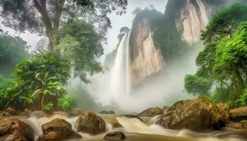 tropicale foresta pluviale cascata a cascata giù maestoso scogliera nel tranquillo scena generato di ai foto