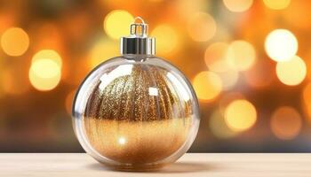 raggiante oro bottiglia si illumina tavolo con elegante Natale decorazione generato di ai foto