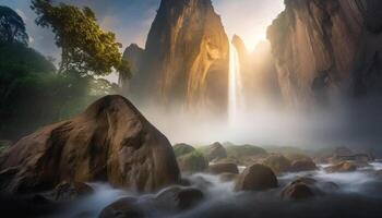 maestoso montagna picco, tranquillo scena, fluente acqua, natura bellezza generato di ai foto