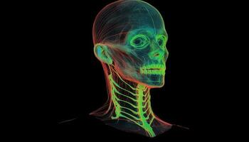 raggiante astratto umano colonna vertebrale, dolore e malattia nel biomedico illustrazione generato di ai foto