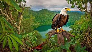 maestoso Calvo aquila perching su ramo nel tranquillo foresta paesaggio generato di ai foto