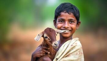 sorridente bambino detiene carino capra, in piedi nel rurale azienda agricola scena generato di ai foto