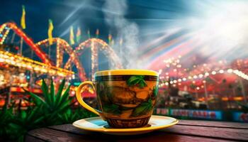caffè tazza su legna tavolo, paesaggio urbano sfondo, caldo bevanda rilassamento generato di ai foto