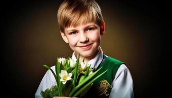 carino biondo ragazzo Tenere tulipano mazzo, sorridente a telecamera con gioia generato di ai foto