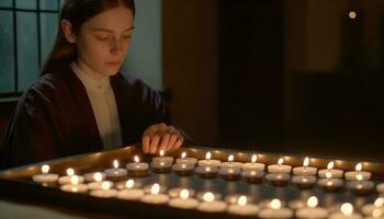 un' cristiano candela si illumina il buio con divine leggero generato di ai foto