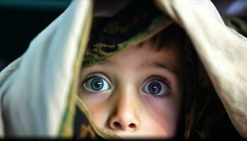 carino bambino ragazzo nascondiglio sotto tradizionale velo, guardare su all'aperto generato di ai foto