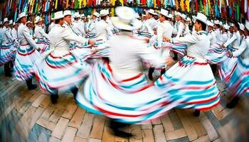 grande gruppo di persone nel tradizionale capi di abbigliamento danza a all'aperto Festival generato di ai foto