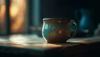 rustico caffè tazza su di legno scrivania porta calore e comfort generato di ai foto