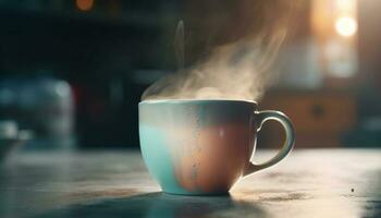 caldo vapore sorge a partire dal latte macchiato su piattino, Perfetto caffè rompere generato di ai foto