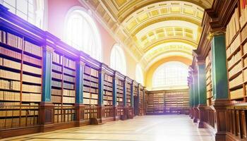 moderno biblioteca architettura righe di libri su di legno scaffali generato di ai foto