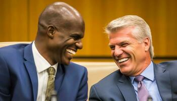 fiducioso uomini d'affari di diverso etnie ridendo nel pieno tute generato di ai foto