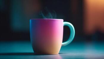 caldo caffè nel blu boccale su tavolo con vapore crescente generato di ai foto