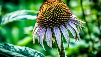 fresco giallo coneflower nel formale giardino, messa a fuoco su primo piano bellezza generato di ai foto