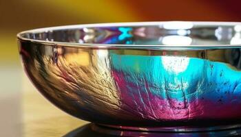 Multi colorato liquido nel bicchiere su tavolo con no persone presente generato di ai foto