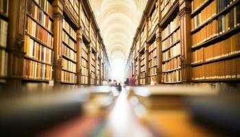 formazione scolastica archivio nel un' moderno biblioteca, un' alunno studiando letteratura generato di ai foto