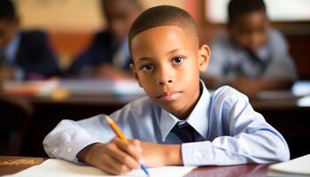 sorridente scuola bambini studiando con matite e libri su banchi generato di ai foto