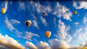 Multi colorato caldo aria Palloncino volante medio aria al di sopra di vivace paesaggio generato di ai foto