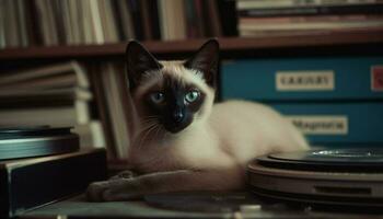 carino gattino seduta su tavolo, fissando con blu occhi generato di ai foto