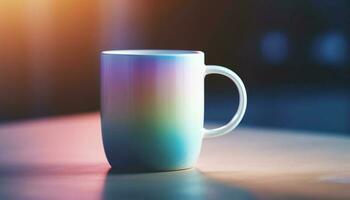 caldo caffè nel blu boccale su di legno tavolo, indietro illuminato generato di ai foto