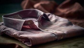 elegante a strisce completo da uomo giacca su di legno tavolo con cravatta accessorio generato di ai foto