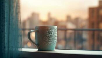 caldo bevanda su tavolo di finestra, paesaggio urbano nel sfondo generato di ai foto