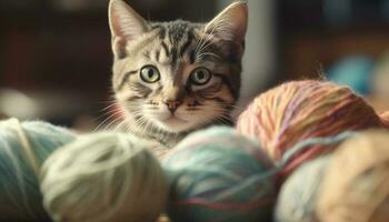 soffice gattino giocando con lana vergine, un' carino e creativo passatempo generato di ai foto