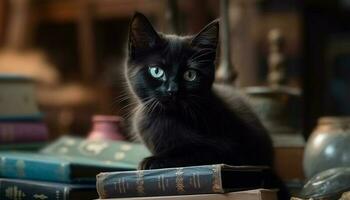 carino gattino seduta su tavolo, lettura libro di domestico animali generato di ai foto