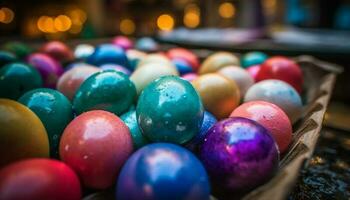 vivace colori illuminare tradizionale Festival con animale uovo decorazioni generato di ai foto