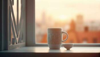 caffè tazza su legna scrivania di finestra nel domestico camera generato di ai foto