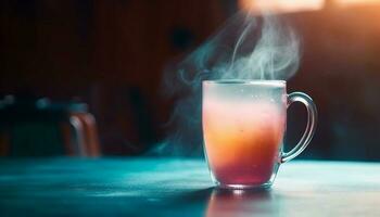 un' caldo caffè boccale su un' di legno tavolo vapori su generato di ai foto