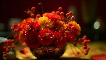 un' vivace mazzo di Multi colorato fiori nel un' decorativo vaso generato di ai foto