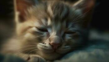 un' affascinante gattino riposo, occhi Chiuso, coccolati e confortevole generato di ai foto