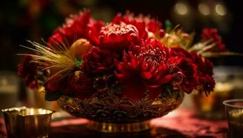 un' romantico mazzo di rosa fiori adorna il elegante vaso generato di ai foto