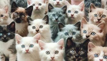 un' affascinante gruppo di giocoso gattini seduta nel un' studio generato di ai foto