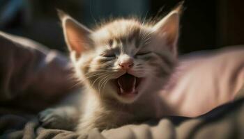 soffice gattino riposo su cuscino, affascinante e giocoso nel luce del sole generato di ai foto