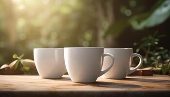 fresco caffè nel rustico boccale su di legno tavolo nel natura generato di ai foto