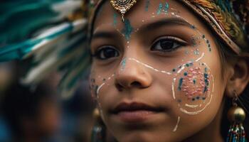 indigeno bellezza celebre attraverso colorato viso dipingere e tradizionale capi di abbigliamento generato di ai foto