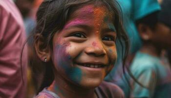 gioioso bambini celebrare tradizionale Festival con colorato viso dipingere all'aperto generato di ai foto