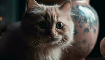 carino gattino fissando a telecamera con soffice a strisce pelliccia generato di ai foto