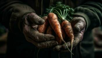 uno uomo Tenere un' mazzo di maturo carote a partire dal verdura giardino generato di ai foto