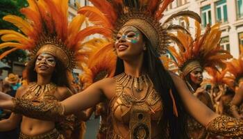 gioioso giovane donne samba danza nel Multi colorato tradizionale costumi all'aperto generativo ai foto